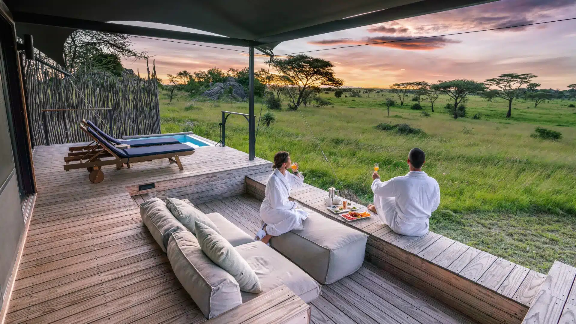 Luxury safari lodge deck overlooking the savanna